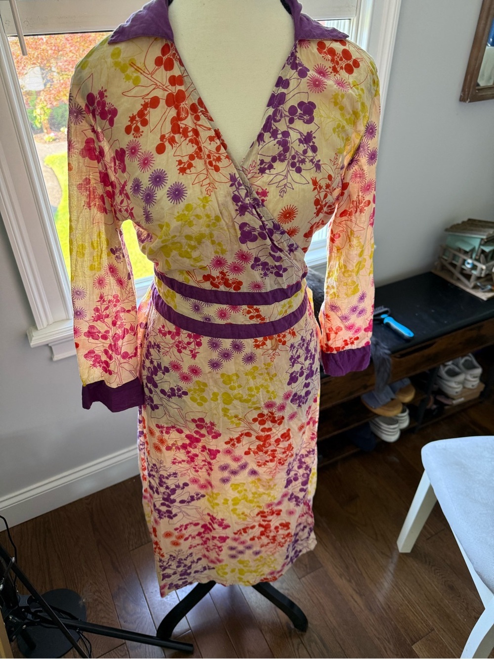 Karma living Vintage Floral Wrap Midi Dress in Purple and Multi-Color Size Mediu